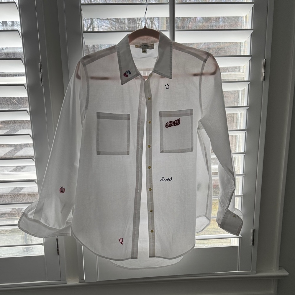 Women’s White Embroidered Sheer Button-Down Shirt